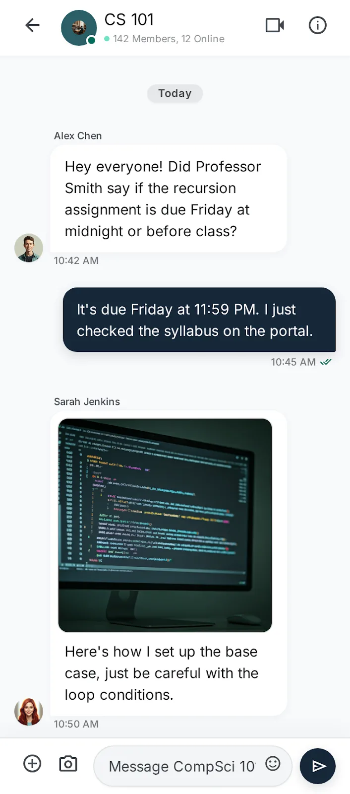 CampusMate — Academic Marketplace — Class-anchored chat — questions, snippets, and reference threads in one place.