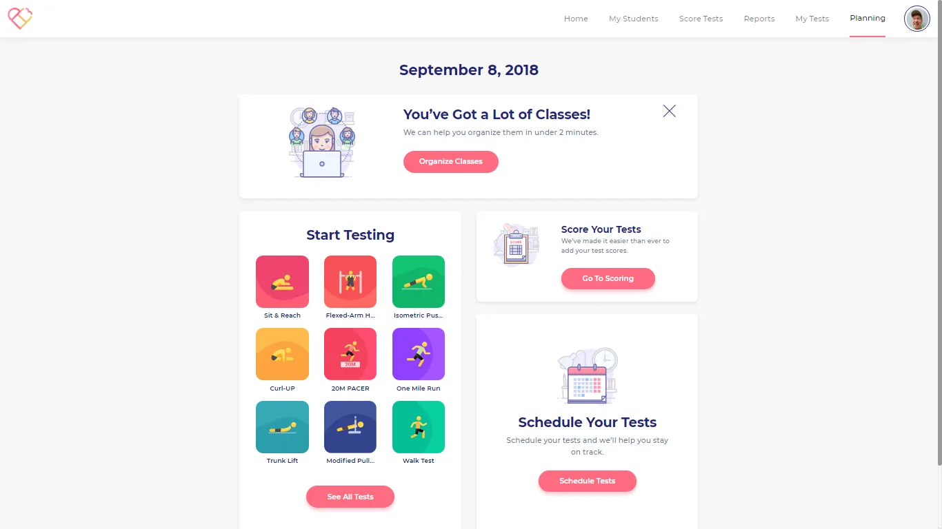 Standards-Based PE Assessment Platform — Teacher home — national fitness protocols (PACER, curl-ups, sit-and-reach, one-mile run) ready to assign, score, and schedule.
