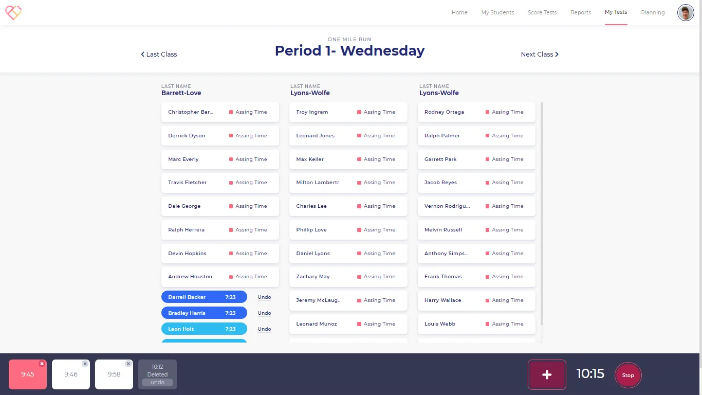 Standards-Based PE Assessment Platform — Live class assessment — One Mile Run timing for Period 1, capturing per-student finish times in real time.