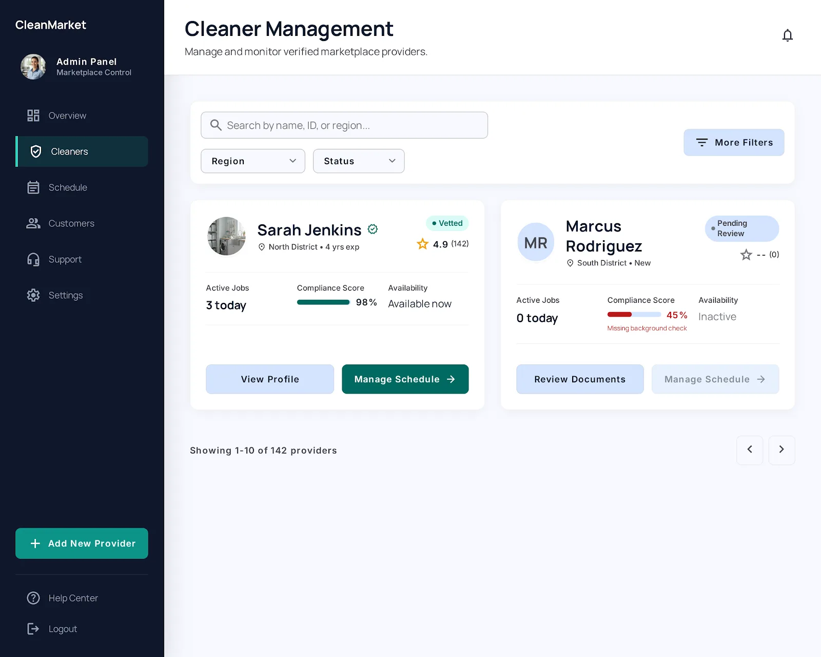 Nationwide Cleaning Marketplace — Operations dashboard — coverage map and dispute queue.