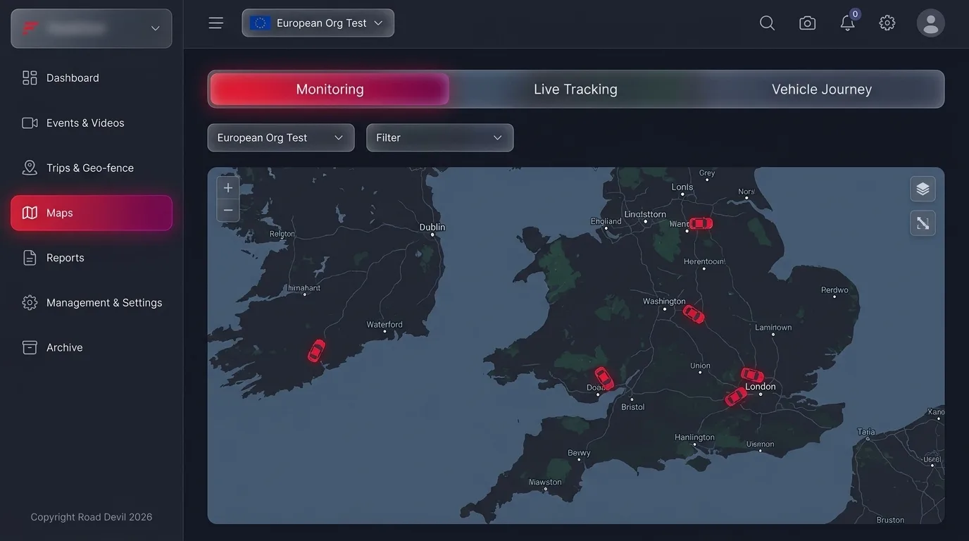 Vehicle Intelligence Platform — Live fleet view with severity-ranked events.